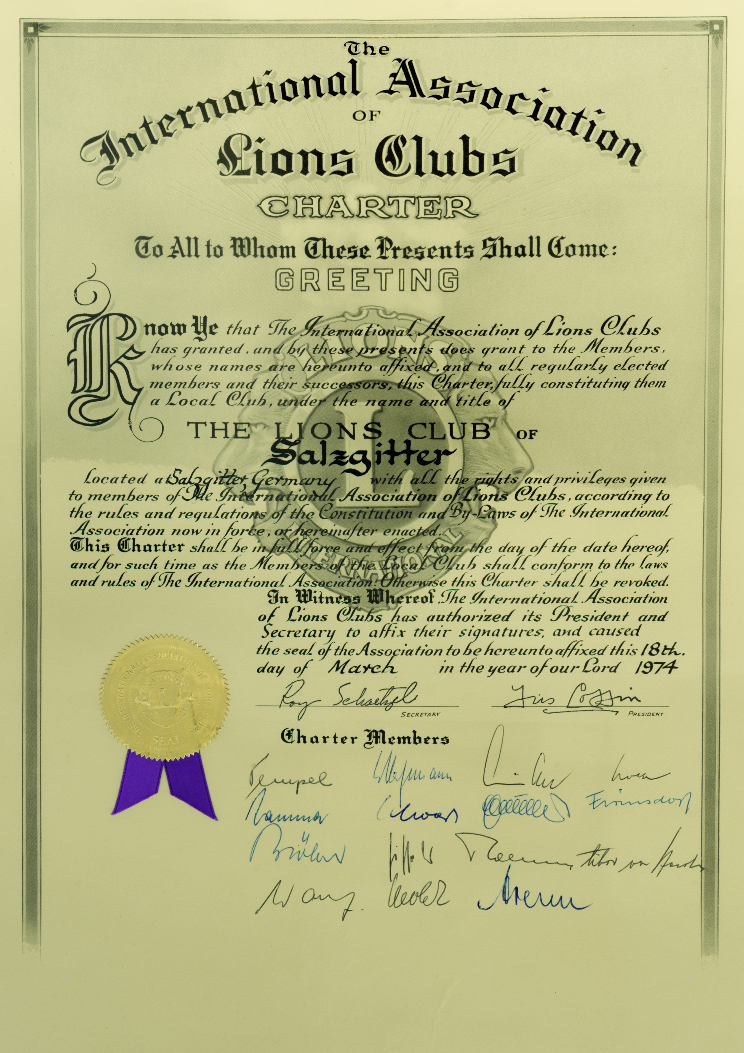 Gründungsurkunde des Lions Club Salzgitter